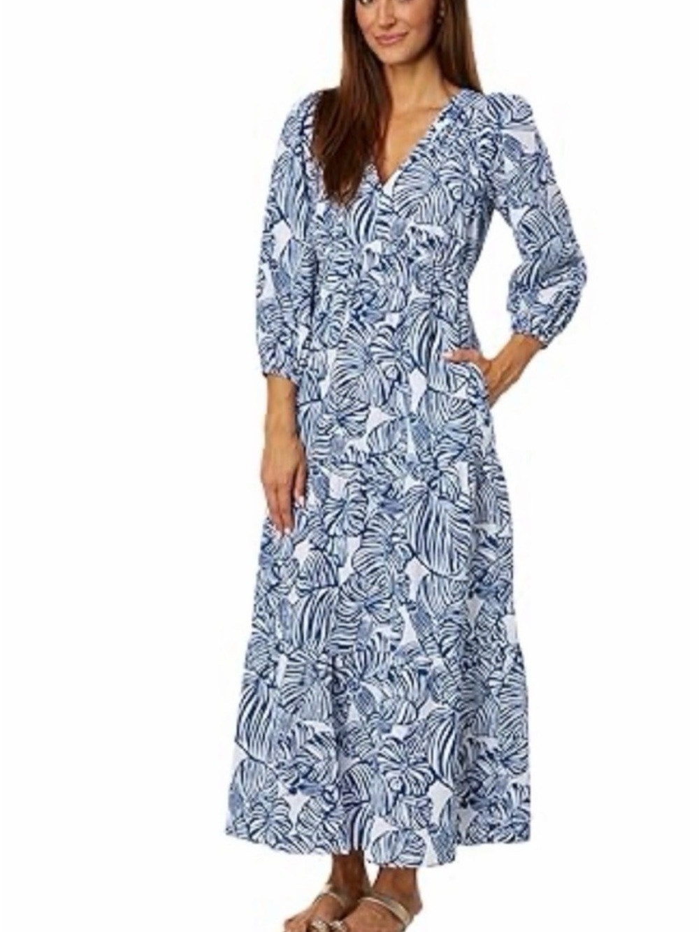 Lilly Pulitzer Blue and White Leaf-Print V-Neck Maxi Dress